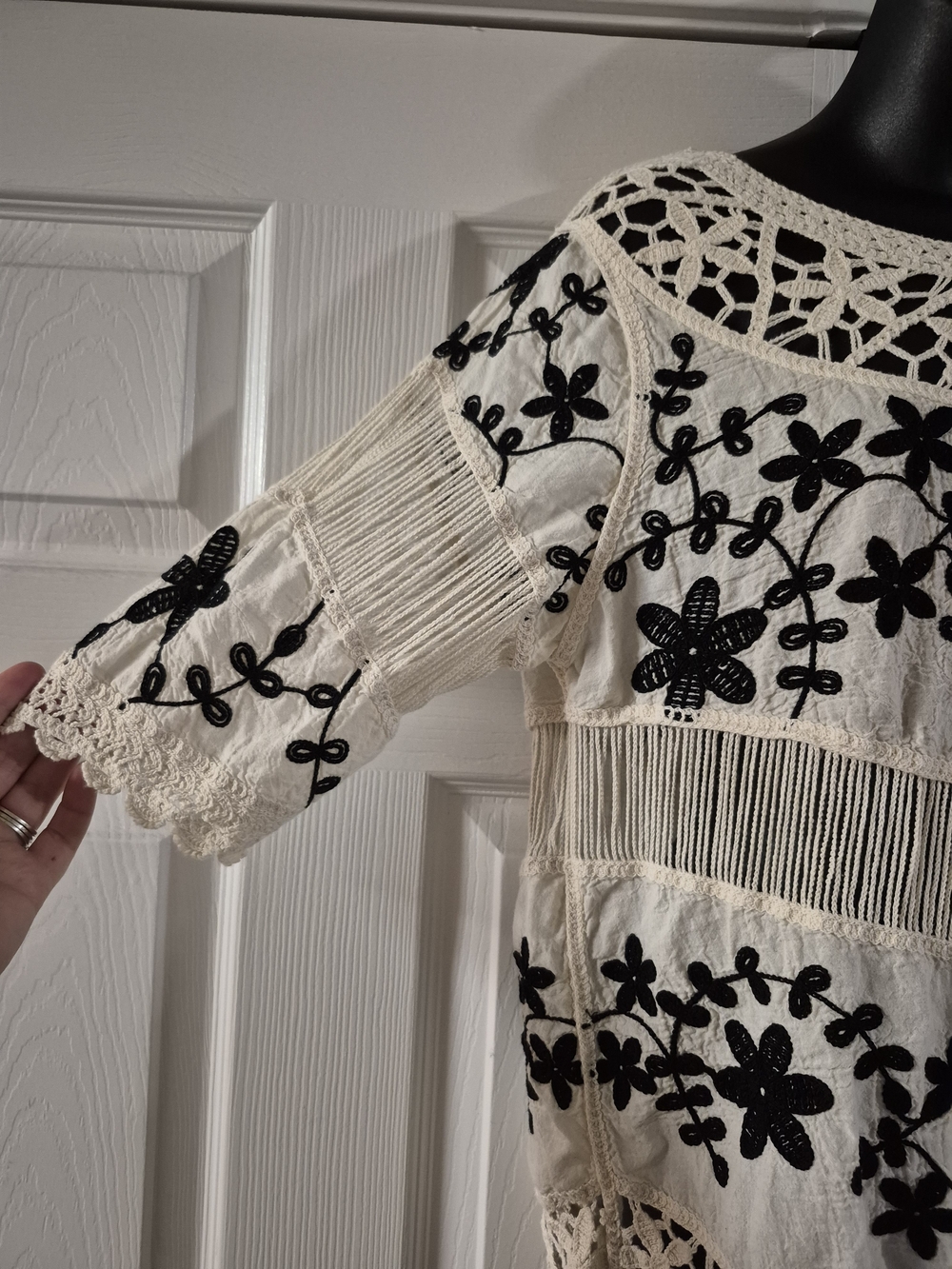 Ivory Crochet Tunic Blouse with Black Floral Embroidery - Picture 2 of 4